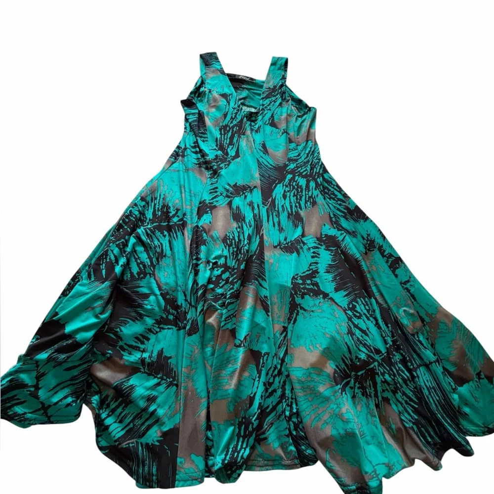 Papa Vancouver Vibrant Teal and Black Sleeveless Tropical Print Dress-Size Small - Picture 4 of 11